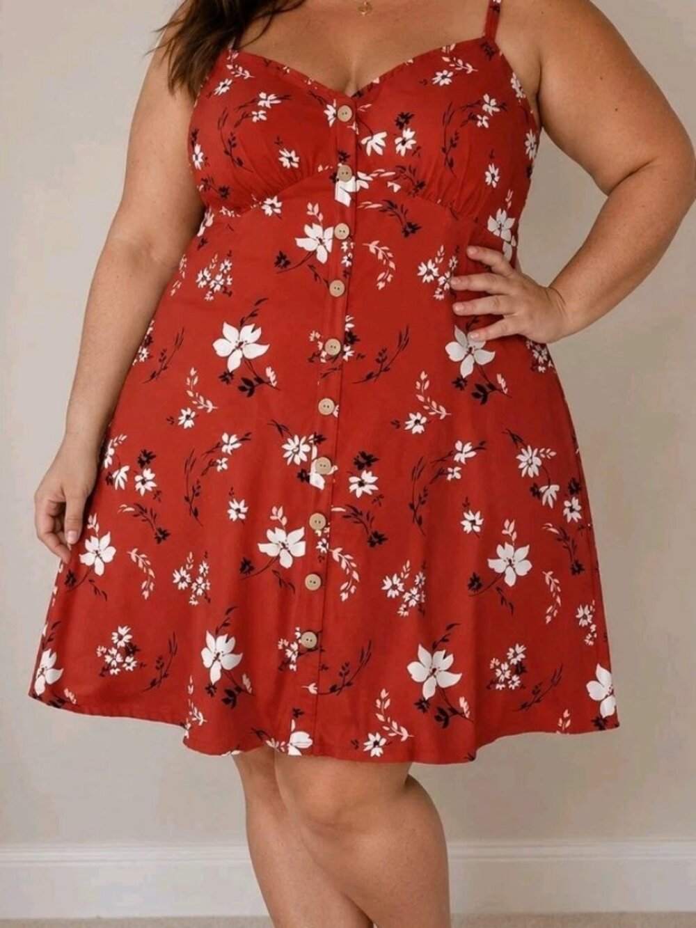 Boho Floral Button Down Sun Dress Plus Size Rust Red Cream Summer Casual Flare